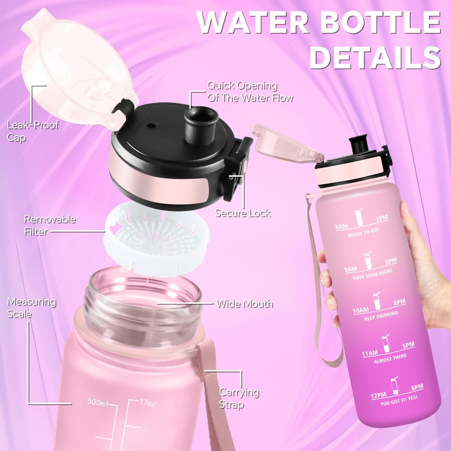 Borraccia, Borraccia 500ml, Borraccie Senza Perdite, Borraccie Motivazionale, Facile da Trasportare, Bottiglia Orari, Bottiglia Graduata, Facile da Pulire, per Sport, Fitness, Yoga, Scuola, Bambina