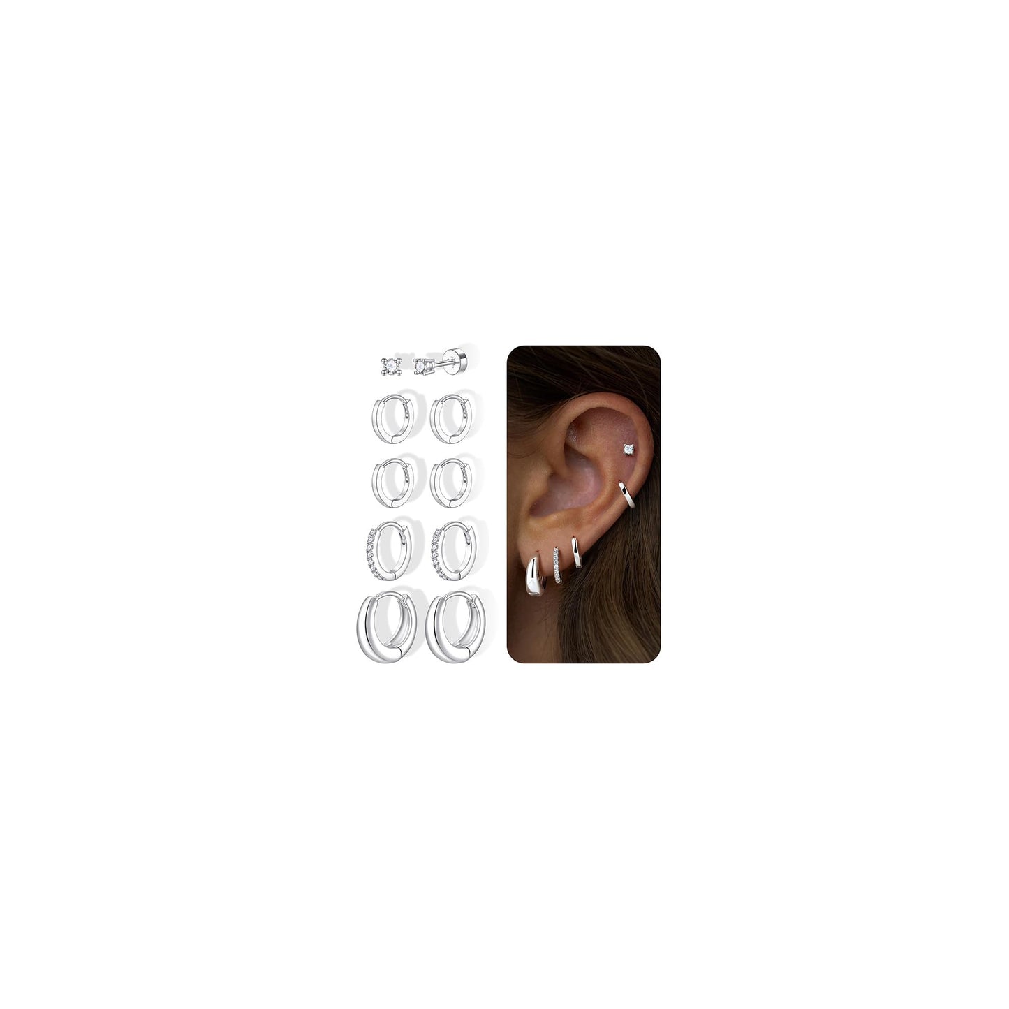 Turandoss 5 paia di orecchini a cerchio in argento e oro, da donna, ipoallergenici, in acciaio chirurgico 316L, con retro piatto, orecchini a perno per elice, trago, conchiglia, daith, cartilagine