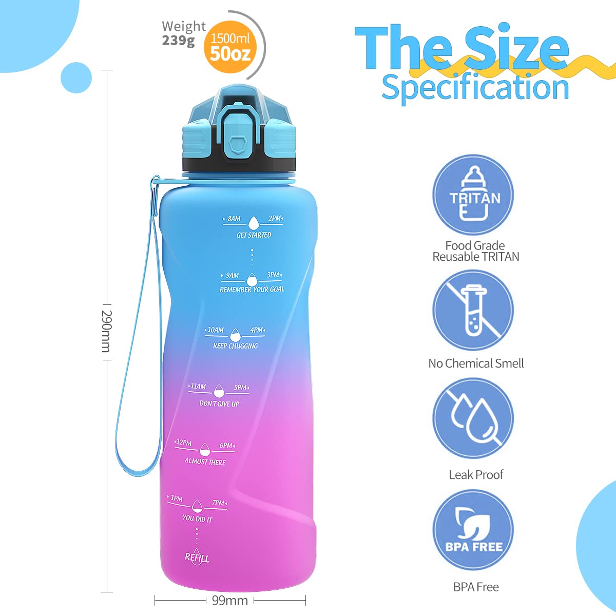 Motivazionale Borraccia 1l/1,5l,2l, Borraccia Bambini 500ml/700ml, Senza BPA Bottiglia con Filtro Frutta & Indicatore del Tempo per Sportiva, Scuola, Sport, Ciclismo