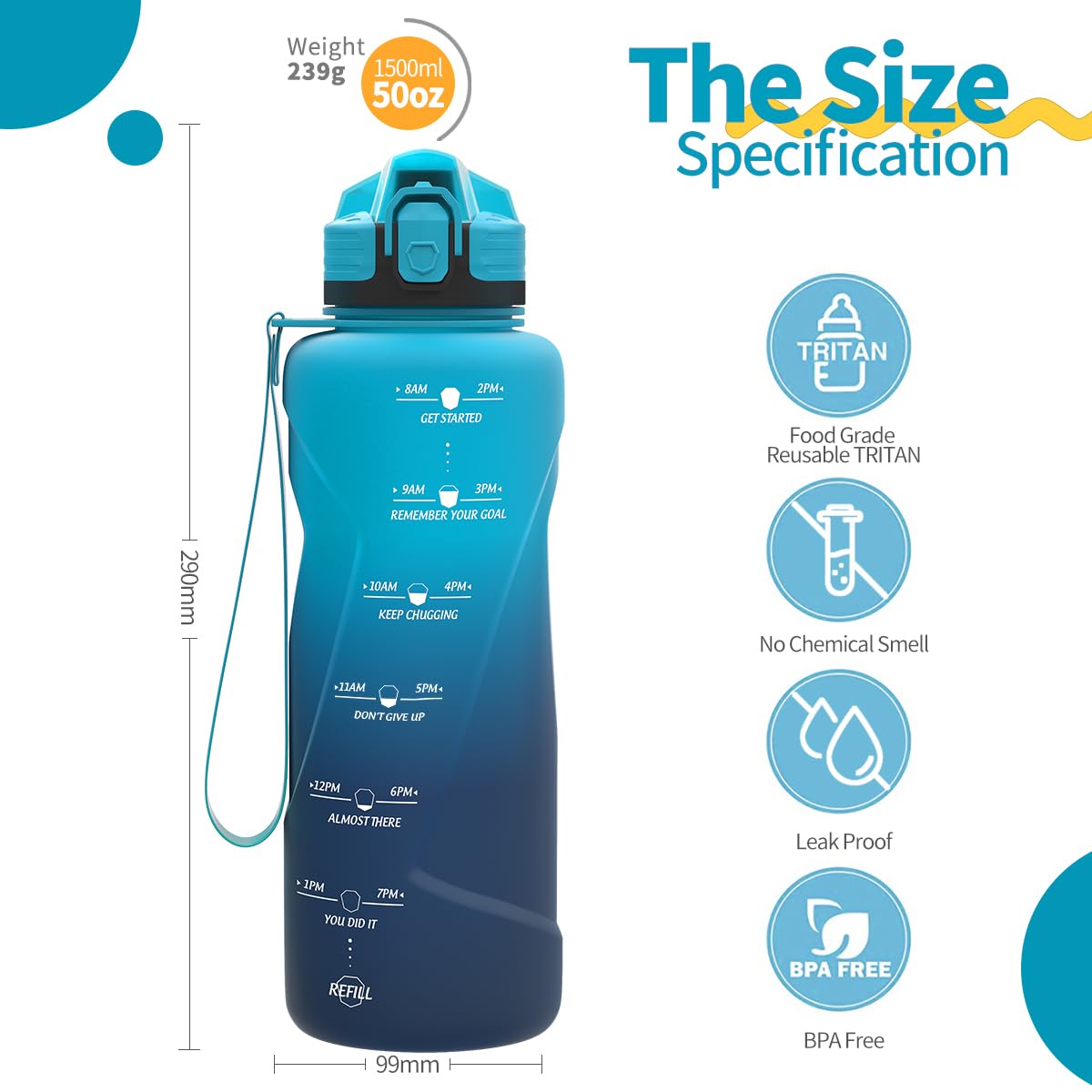 Motivazionale Borraccia 1l/1,5l,2l, Borraccia Bambini 500ml/700ml, Senza BPA Bottiglia con Filtro Frutta & Indicatore del Tempo per Sportiva, Scuola, Sport, Ciclismo