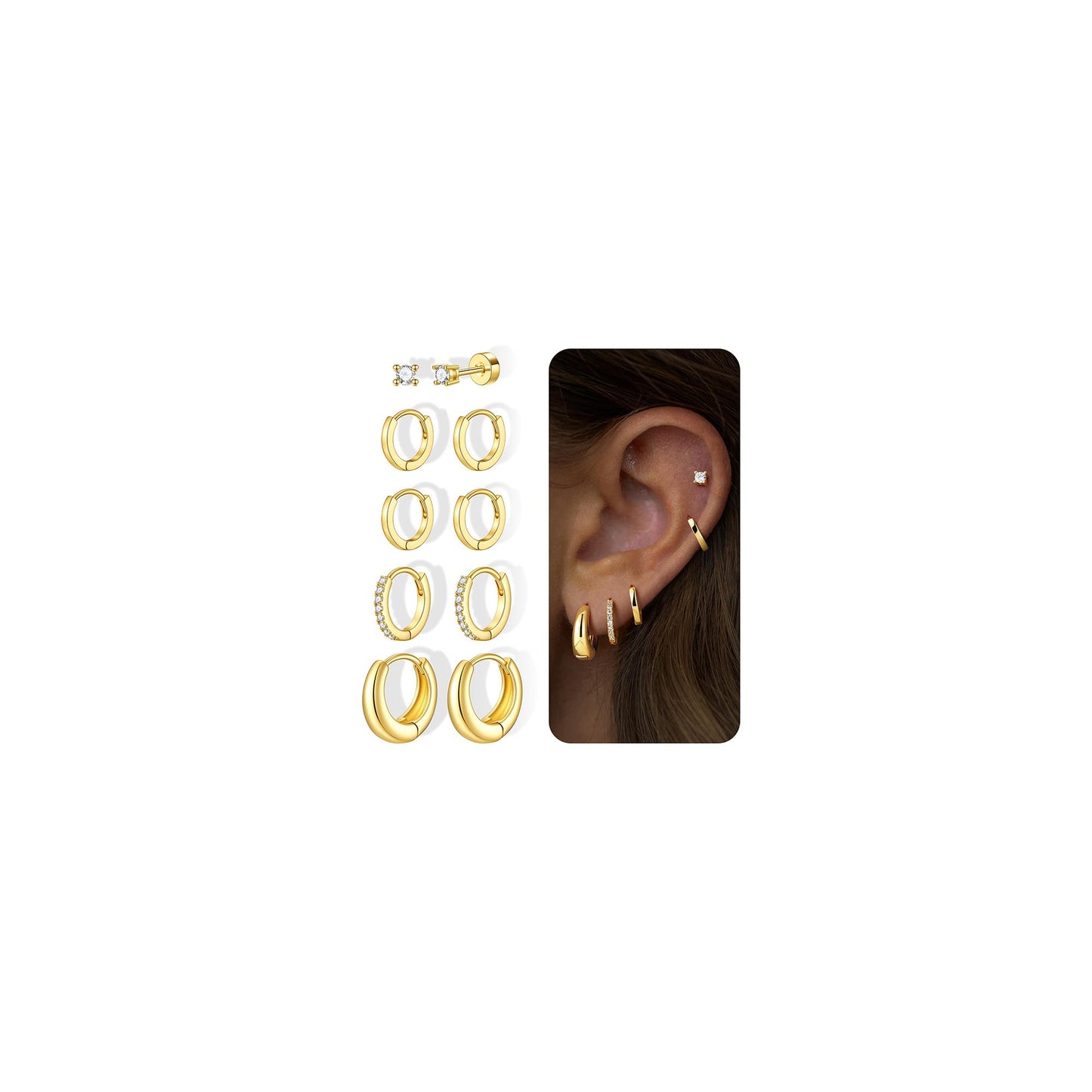 Turandoss 5 paia di orecchini a cerchio in argento e oro, da donna, ipoallergenici, in acciaio chirurgico 316L, con retro piatto, orecchini a perno per elice, trago, conchiglia, daith, cartilagine