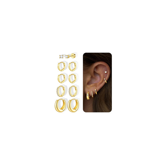 Turandoss 5 paia di orecchini a cerchio in argento e oro, da donna, ipoallergenici, in acciaio chirurgico 316L, con retro piatto, orecchini a perno per elice, trago, conchiglia, daith, cartilagine