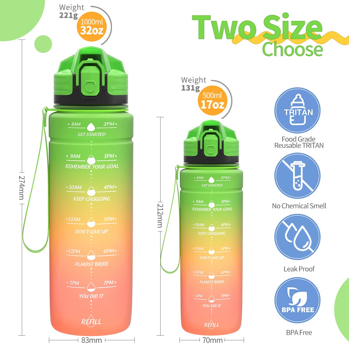 Motivazionale Borraccia 1l/1,5l,2l, Borraccia Bambini 500ml/700ml, Senza BPA Bottiglia con Filtro Frutta & Indicatore del Tempo per Sportiva, Scuola, Sport, Ciclismo