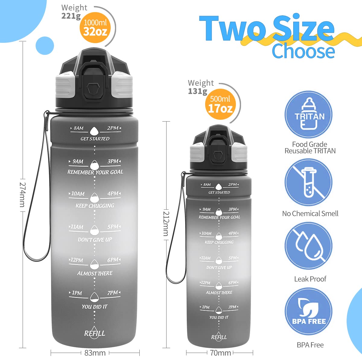 Motivazionale Borraccia 1l/1,5l,2l, Borraccia Bambini 500ml/700ml, Senza BPA Bottiglia con Filtro Frutta & Indicatore del Tempo per Sportiva, Scuola, Sport, Ciclismo