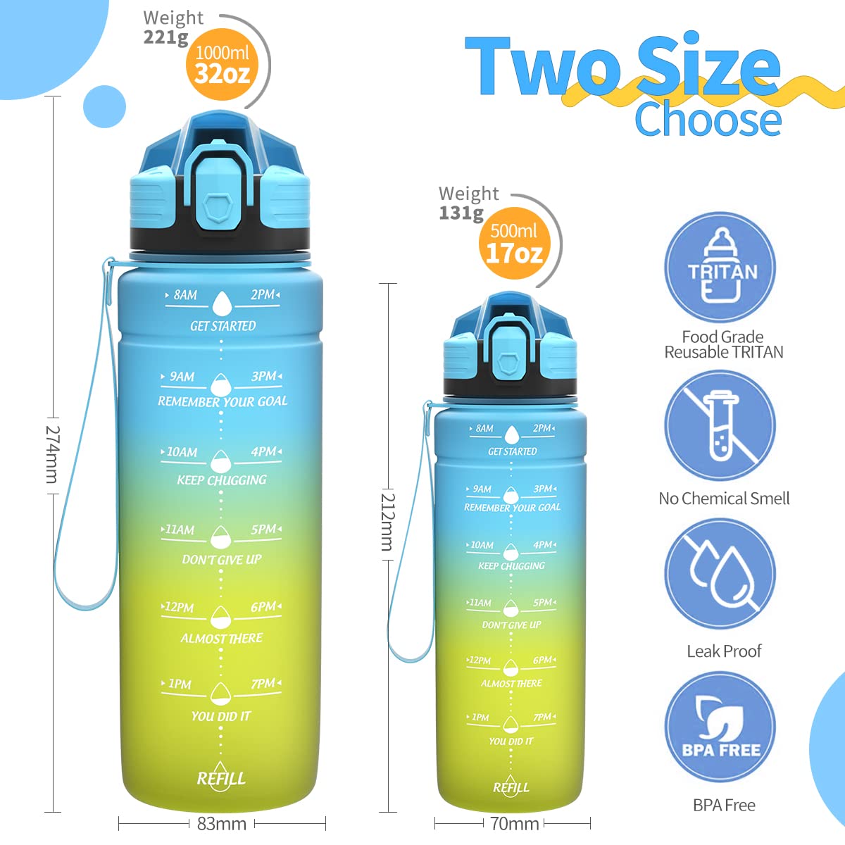 Motivazionale Borraccia 1l/1,5l,2l, Borraccia Bambini 500ml/700ml, Senza BPA Bottiglia con Filtro Frutta & Indicatore del Tempo per Sportiva, Scuola, Sport, Ciclismo