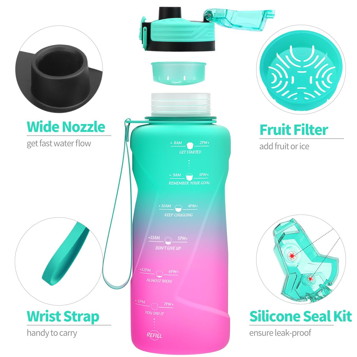 Motivazionale Borraccia 1l/1,5l,2l, Borraccia Bambini 500ml/700ml, Senza BPA Bottiglia con Filtro Frutta & Indicatore del Tempo per Sportiva, Scuola, Sport, Ciclismo