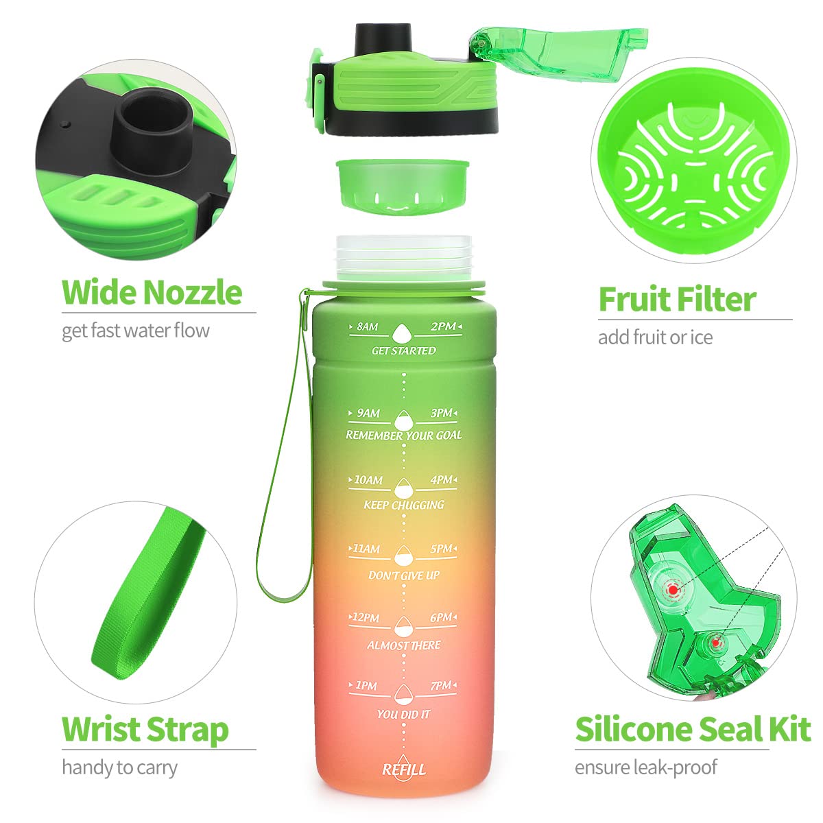 Motivazionale Borraccia 1l/1,5l,2l, Borraccia Bambini 500ml/700ml, Senza BPA Bottiglia con Filtro Frutta & Indicatore del Tempo per Sportiva, Scuola, Sport, Ciclismo