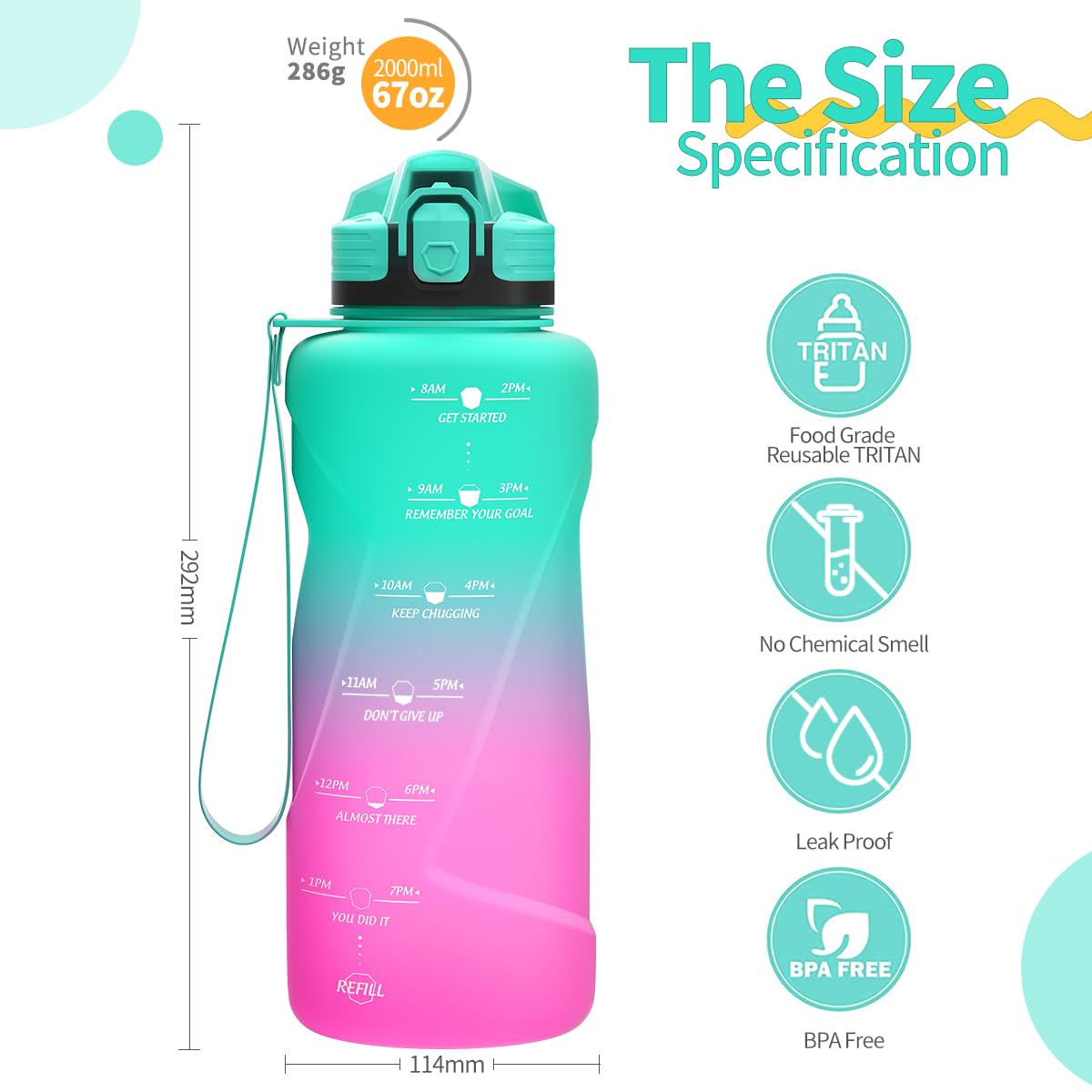 Motivazionale Borraccia 1l/1,5l,2l, Borraccia Bambini 500ml/700ml, Senza BPA Bottiglia con Filtro Frutta & Indicatore del Tempo per Sportiva, Scuola, Sport, Ciclismo