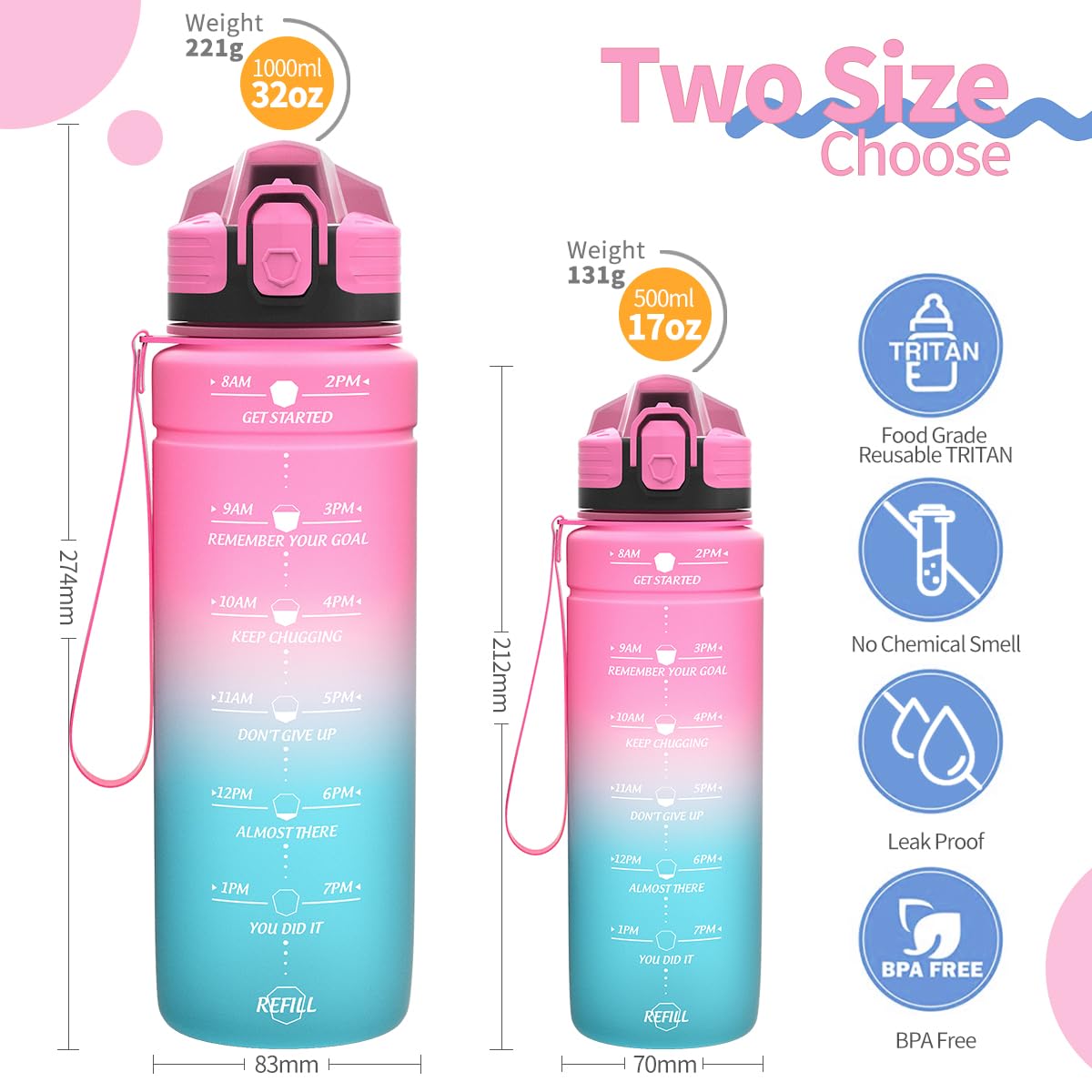 Motivazionale Borraccia 1l/1,5l,2l, Borraccia Bambini 500ml/700ml, Senza BPA Bottiglia con Filtro Frutta & Indicatore del Tempo per Sportiva, Scuola, Sport, Ciclismo