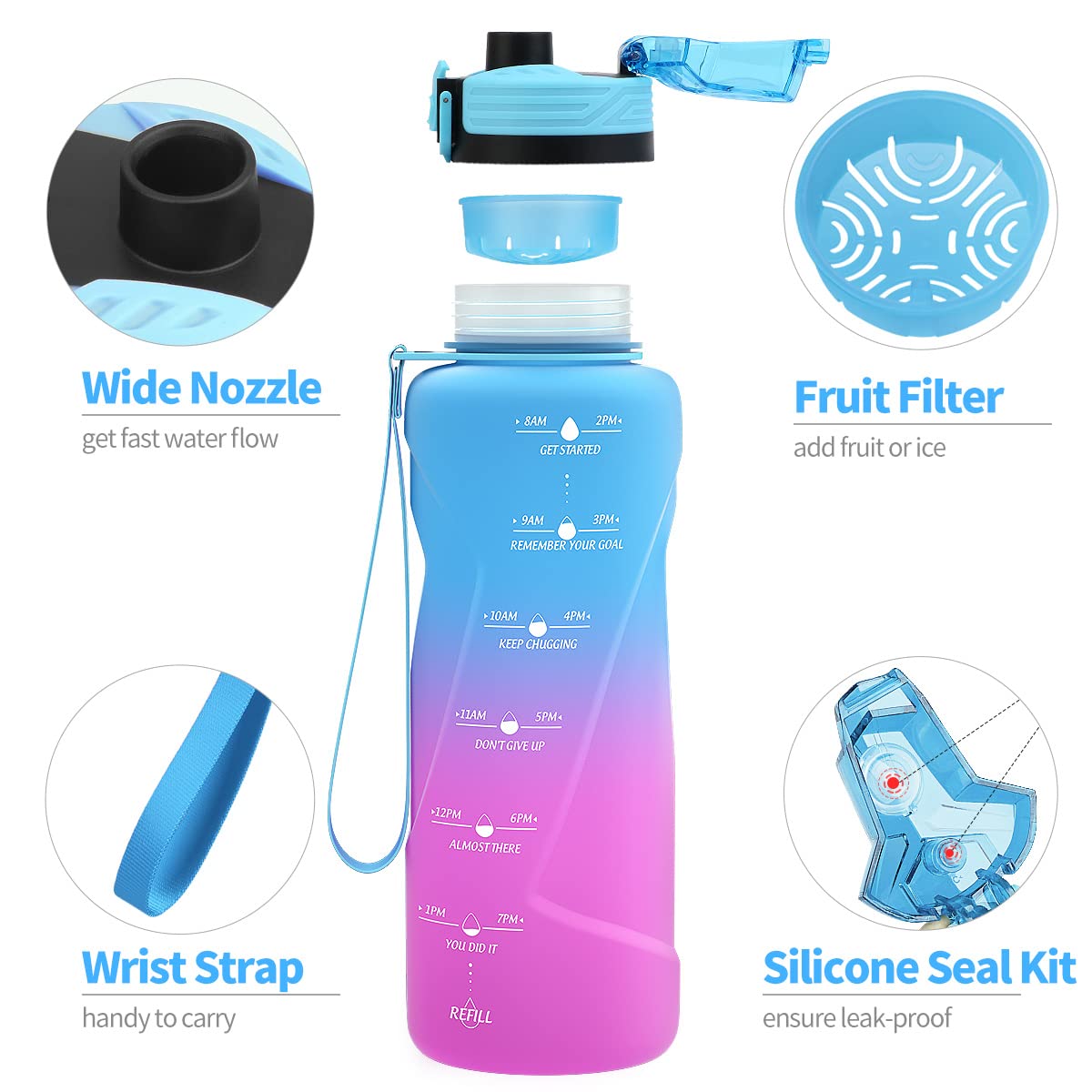 Motivazionale Borraccia 1l/1,5l,2l, Borraccia Bambini 500ml/700ml, Senza BPA Bottiglia con Filtro Frutta & Indicatore del Tempo per Sportiva, Scuola, Sport, Ciclismo