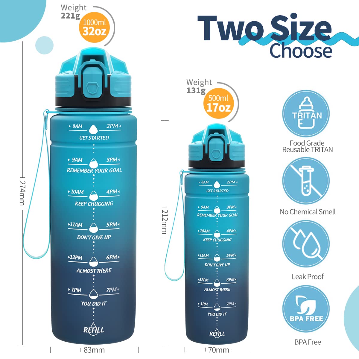 Motivazionale Borraccia 1l/1,5l,2l, Borraccia Bambini 500ml/700ml, Senza BPA Bottiglia con Filtro Frutta & Indicatore del Tempo per Sportiva, Scuola, Sport, Ciclismo