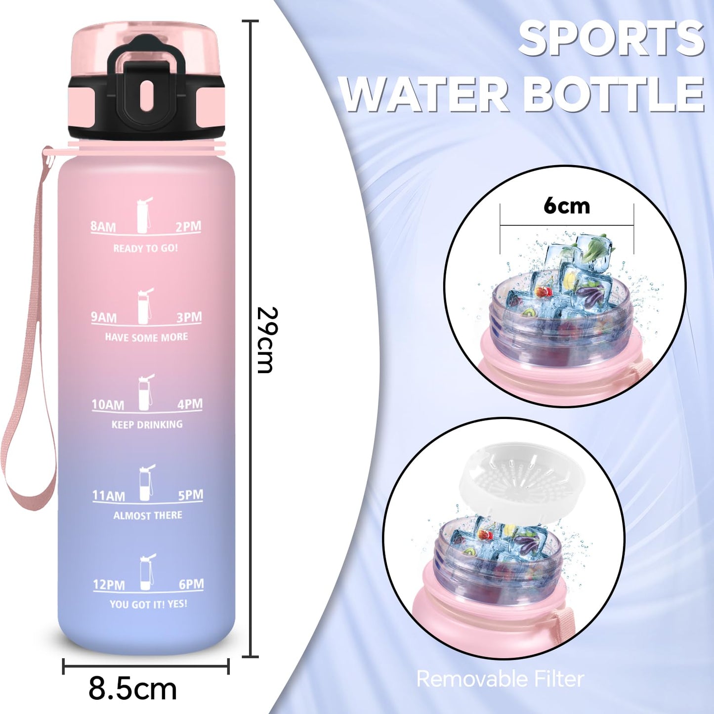 Borraccia, Borraccia 500ml, Borraccie Senza Perdite, Borraccie Motivazionale, Facile da Trasportare, Bottiglia Orari, Bottiglia Graduata, Facile da Pulire, per Sport, Fitness, Yoga, Scuola, Bambina
