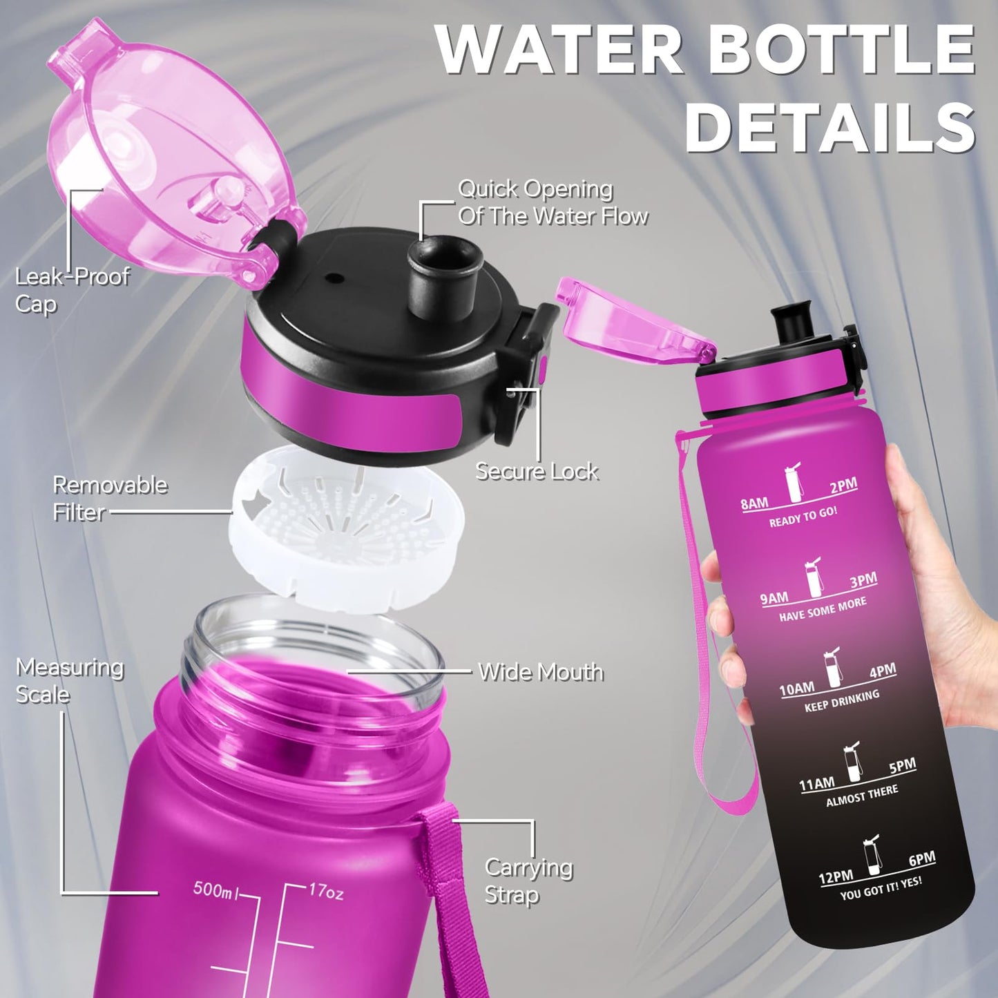 Borraccia, Borraccia 500ml, Borraccie Senza Perdite, Borraccie Motivazionale, Facile da Trasportare, Bottiglia Orari, Bottiglia Graduata, Facile da Pulire, per Sport, Fitness, Yoga, Scuola, Bambina