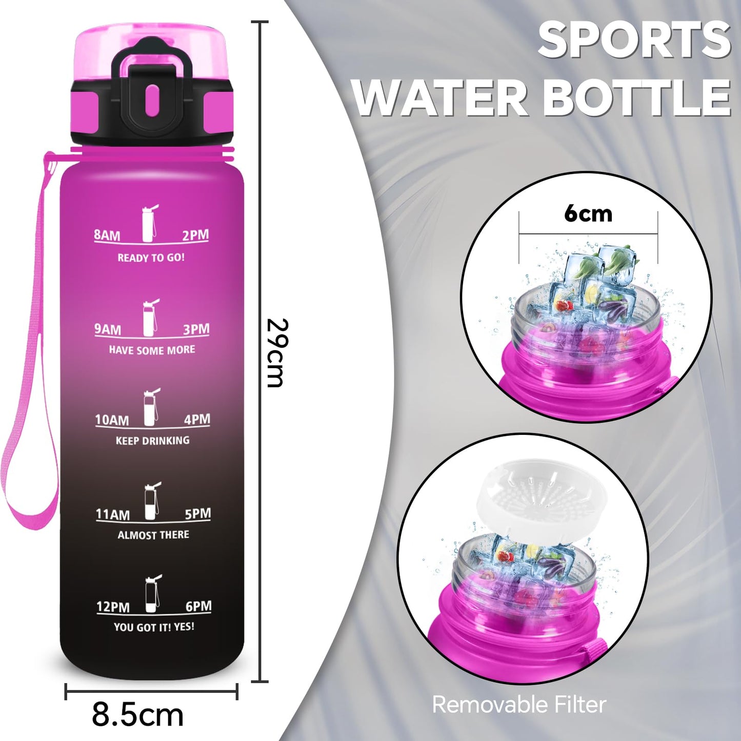 Borraccia, Borraccia 500ml, Borraccie Senza Perdite, Borraccie Motivazionale, Facile da Trasportare, Bottiglia Orari, Bottiglia Graduata, Facile da Pulire, per Sport, Fitness, Yoga, Scuola, Bambina