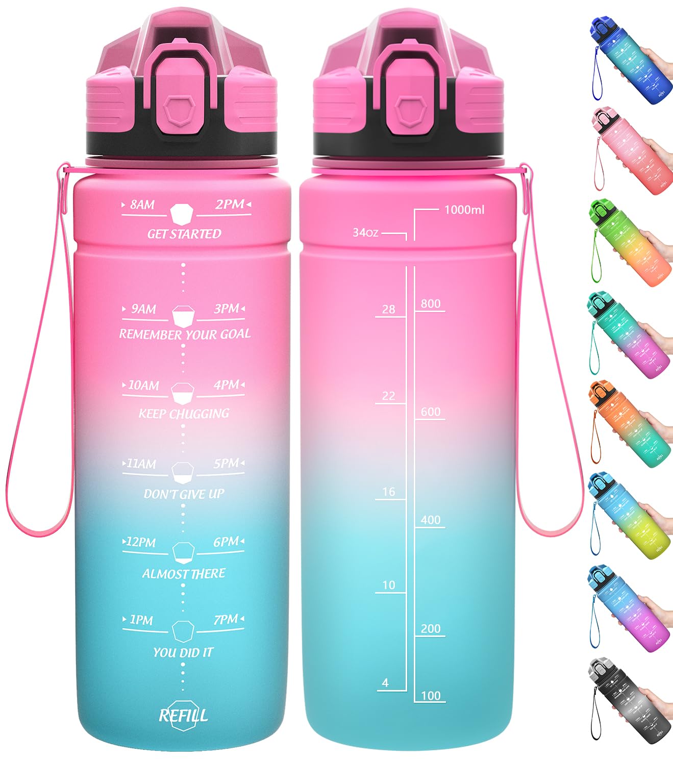 Motivazionale Borraccia 1l/1,5l,2l, Borraccia Bambini 500ml/700ml, Senza BPA Bottiglia con Filtro Frutta & Indicatore del Tempo per Sportiva, Scuola, Sport, Ciclismo