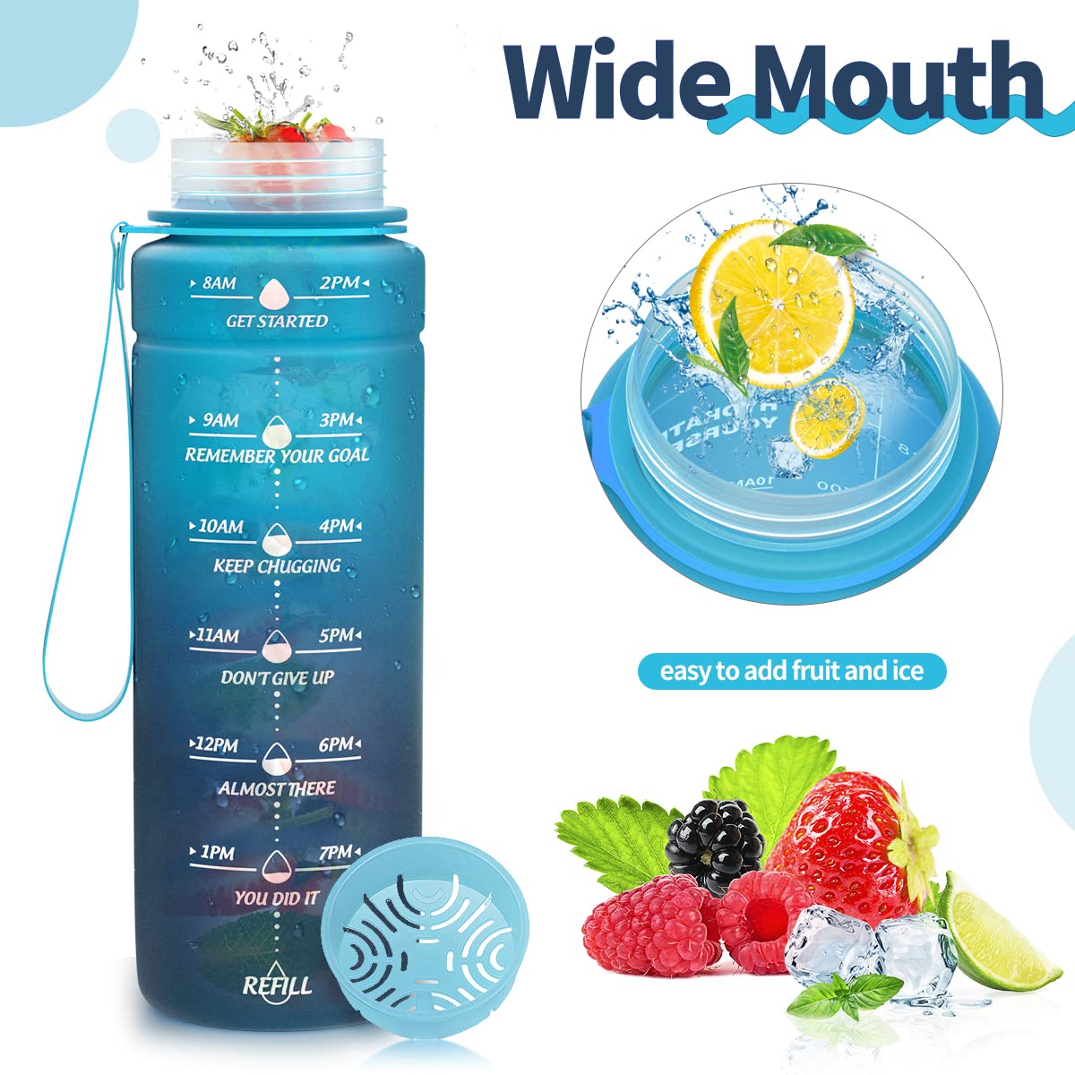 Motivazionale Borraccia 1l/1,5l,2l, Borraccia Bambini 500ml/700ml, Senza BPA Bottiglia con Filtro Frutta & Indicatore del Tempo per Sportiva, Scuola, Sport, Ciclismo