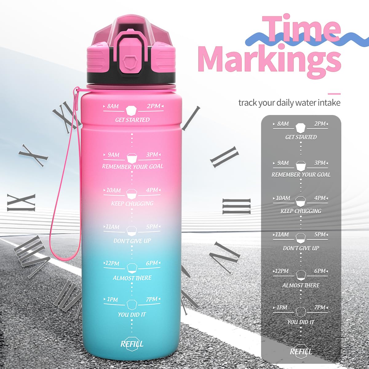 Motivazionale Borraccia 1l/1,5l,2l, Borraccia Bambini 500ml/700ml, Senza BPA Bottiglia con Filtro Frutta & Indicatore del Tempo per Sportiva, Scuola, Sport, Ciclismo