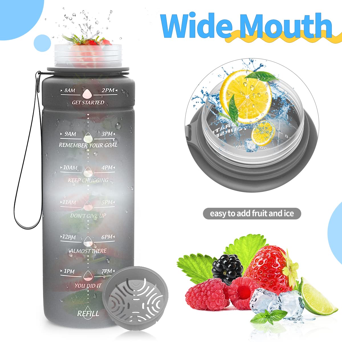 Motivazionale Borraccia 1l/1,5l,2l, Borraccia Bambini 500ml/700ml, Senza BPA Bottiglia con Filtro Frutta & Indicatore del Tempo per Sportiva, Scuola, Sport, Ciclismo