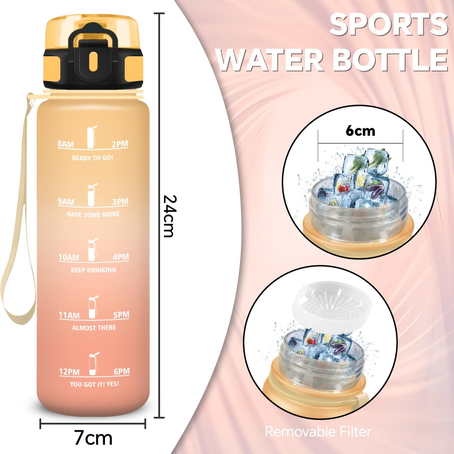 Borraccia, Borraccia 500ml, Borraccie Senza Perdite, Borraccie Motivazionale, Facile da Trasportare, Bottiglia Orari, Bottiglia Graduata, Facile da Pulire, per Sport, Fitness, Yoga, Scuola, Bambina