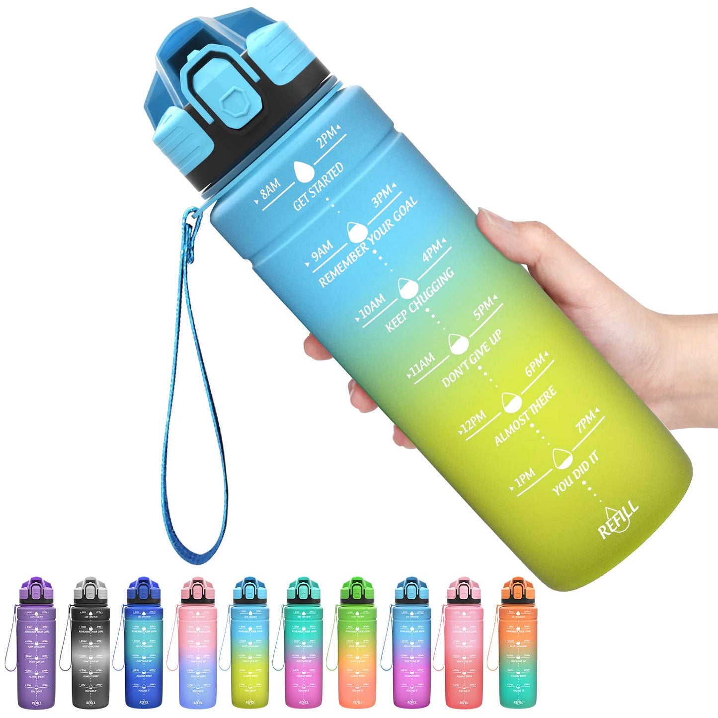 Motivazionale Borraccia 1l/1,5l,2l, Borraccia Bambini 500ml/700ml, Senza BPA Bottiglia con Filtro Frutta & Indicatore del Tempo per Sportiva, Scuola, Sport, Ciclismo