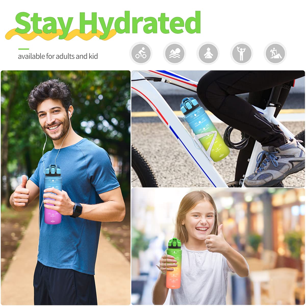 Motivazionale Borraccia 1l/1,5l,2l, Borraccia Bambini 500ml/700ml, Senza BPA Bottiglia con Filtro Frutta & Indicatore del Tempo per Sportiva, Scuola, Sport, Ciclismo