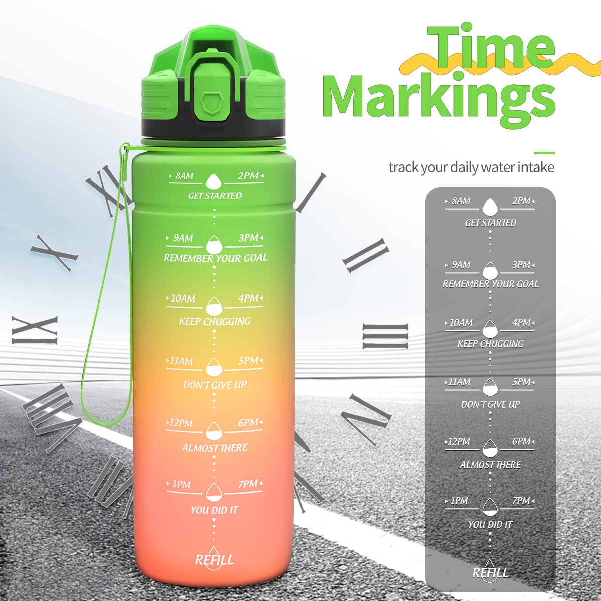 Motivazionale Borraccia 1l/1,5l,2l, Borraccia Bambini 500ml/700ml, Senza BPA Bottiglia con Filtro Frutta & Indicatore del Tempo per Sportiva, Scuola, Sport, Ciclismo