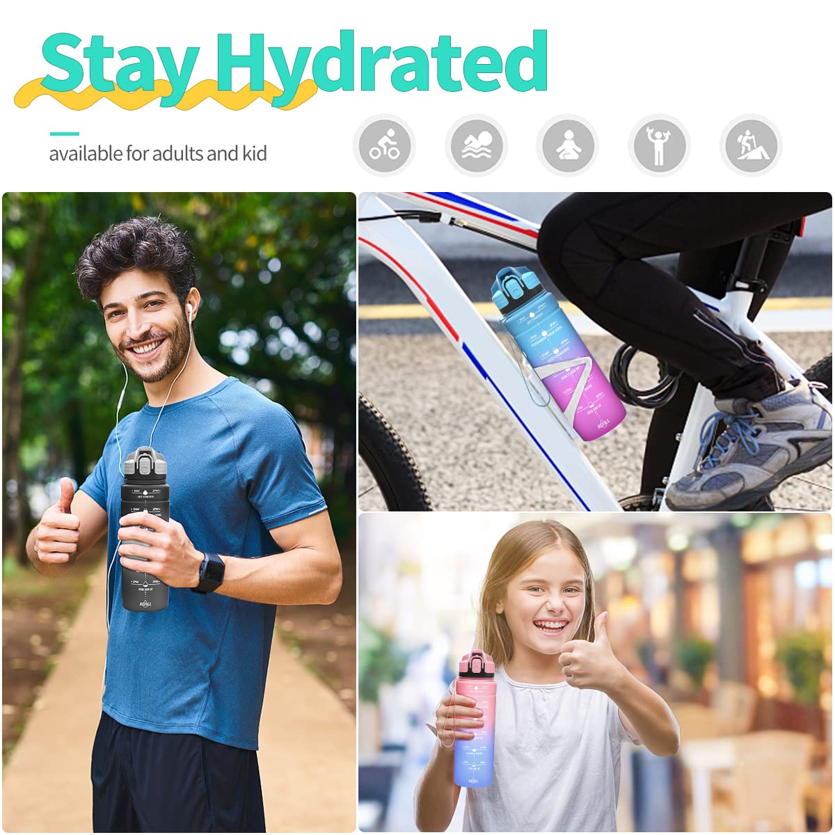 Motivazionale Borraccia 1l/1,5l,2l, Borraccia Bambini 500ml/700ml, Senza BPA Bottiglia con Filtro Frutta & Indicatore del Tempo per Sportiva, Scuola, Sport, Ciclismo