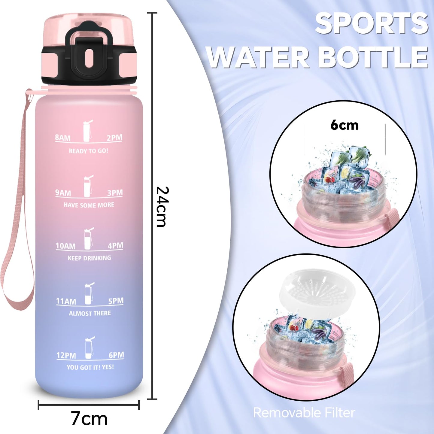 Borraccia, Borraccia 500ml, Borraccie Senza Perdite, Borraccie Motivazionale, Facile da Trasportare, Bottiglia Orari, Bottiglia Graduata, Facile da Pulire, per Sport, Fitness, Yoga, Scuola, Bambina