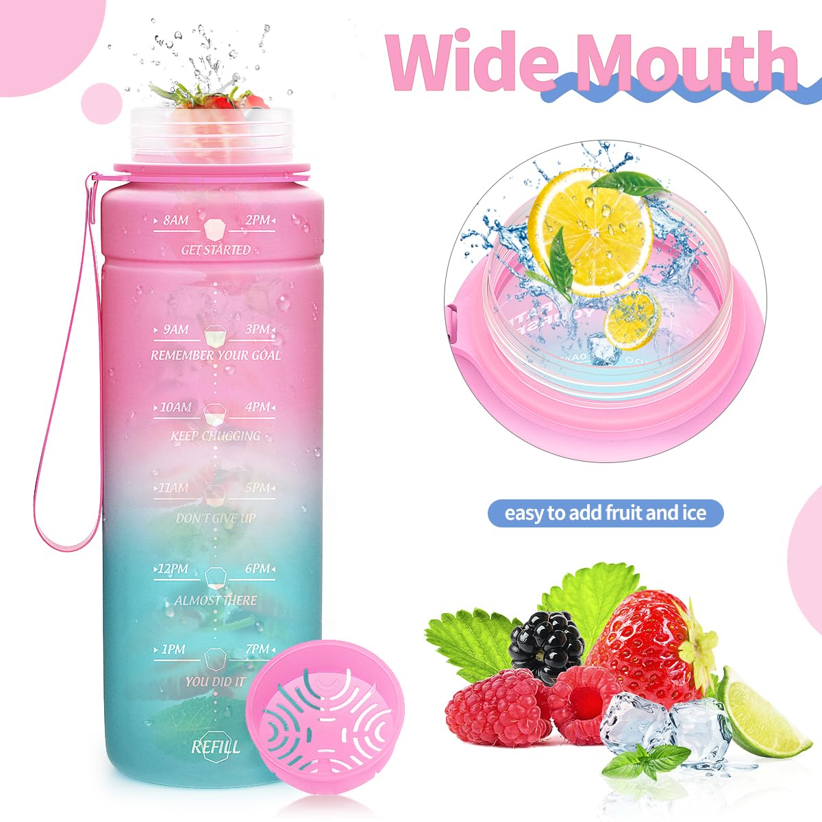 Motivazionale Borraccia 1l/1,5l,2l, Borraccia Bambini 500ml/700ml, Senza BPA Bottiglia con Filtro Frutta & Indicatore del Tempo per Sportiva, Scuola, Sport, Ciclismo