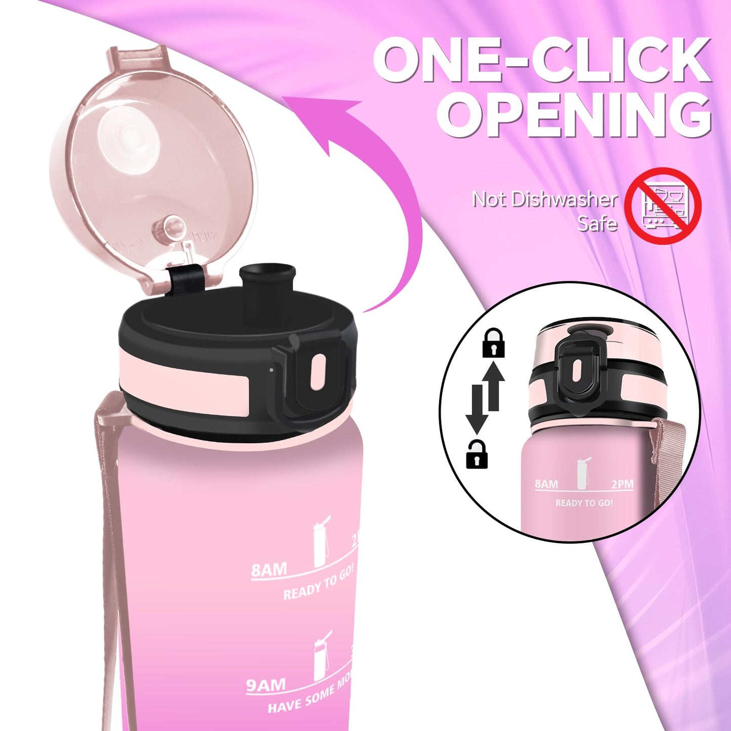 Borraccia, Borraccia 500ml, Borraccie Senza Perdite, Borraccie Motivazionale, Facile da Trasportare, Bottiglia Orari, Bottiglia Graduata, Facile da Pulire, per Sport, Fitness, Yoga, Scuola, Bambina