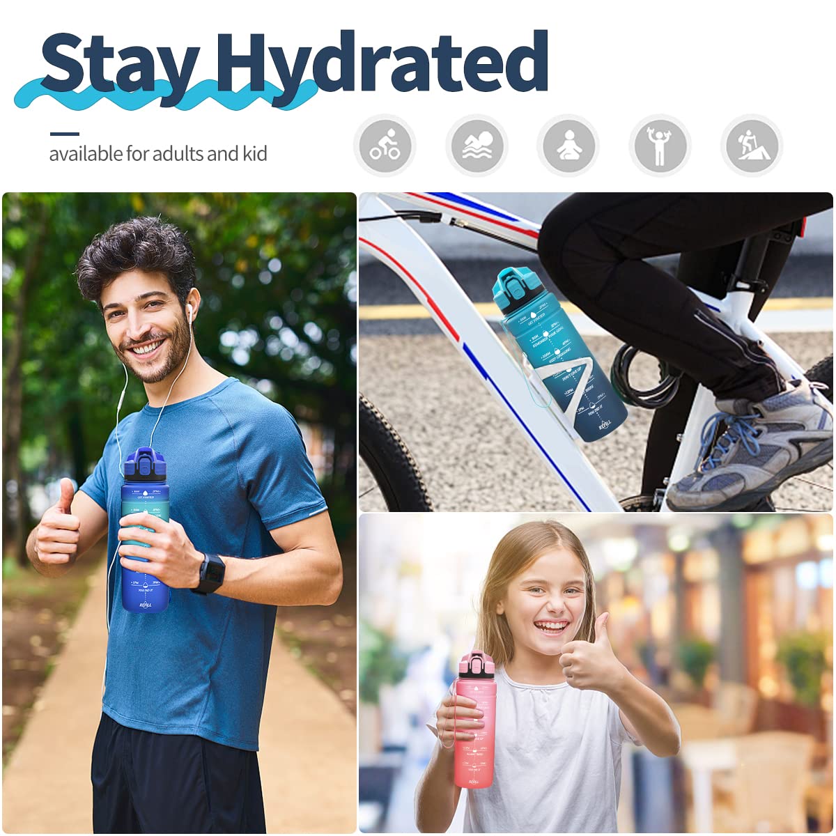 Motivazionale Borraccia 1l/1,5l,2l, Borraccia Bambini 500ml/700ml, Senza BPA Bottiglia con Filtro Frutta & Indicatore del Tempo per Sportiva, Scuola, Sport, Ciclismo
