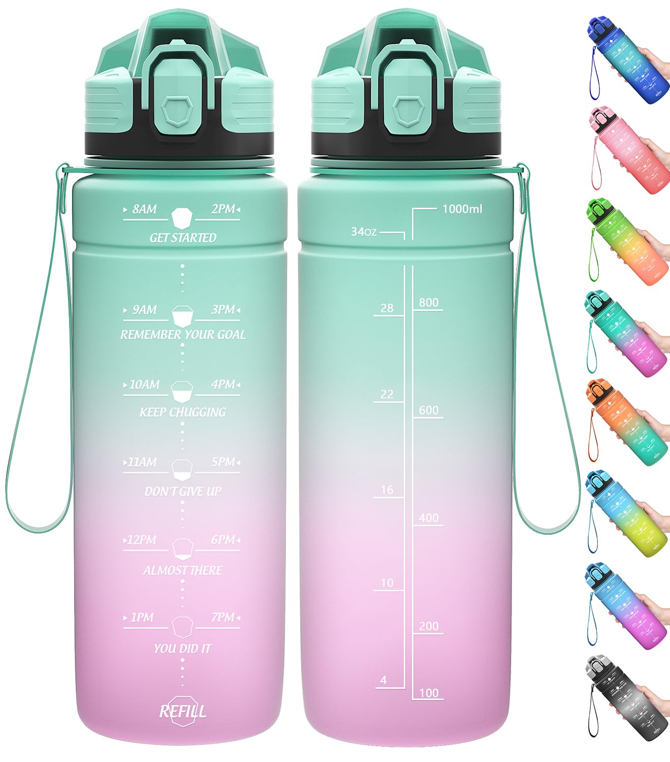 Motivazionale Borraccia 1l/1,5l,2l, Borraccia Bambini 500ml/700ml, Senza BPA Bottiglia con Filtro Frutta & Indicatore del Tempo per Sportiva, Scuola, Sport, Ciclismo