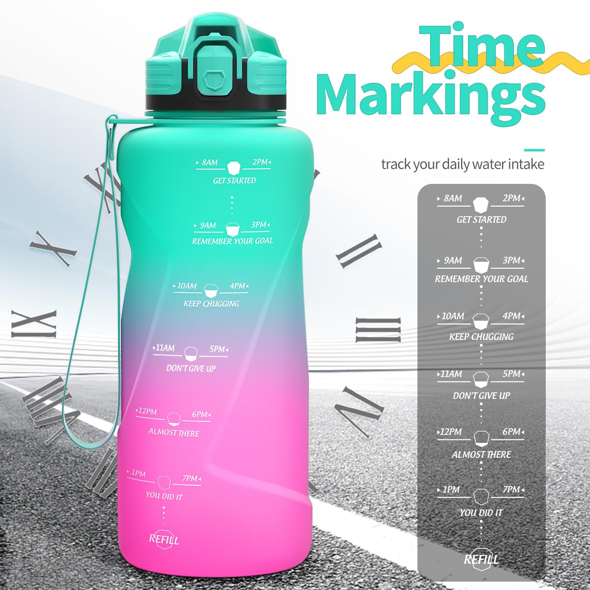 Motivazionale Borraccia 1l/1,5l,2l, Borraccia Bambini 500ml/700ml, Senza BPA Bottiglia con Filtro Frutta & Indicatore del Tempo per Sportiva, Scuola, Sport, Ciclismo