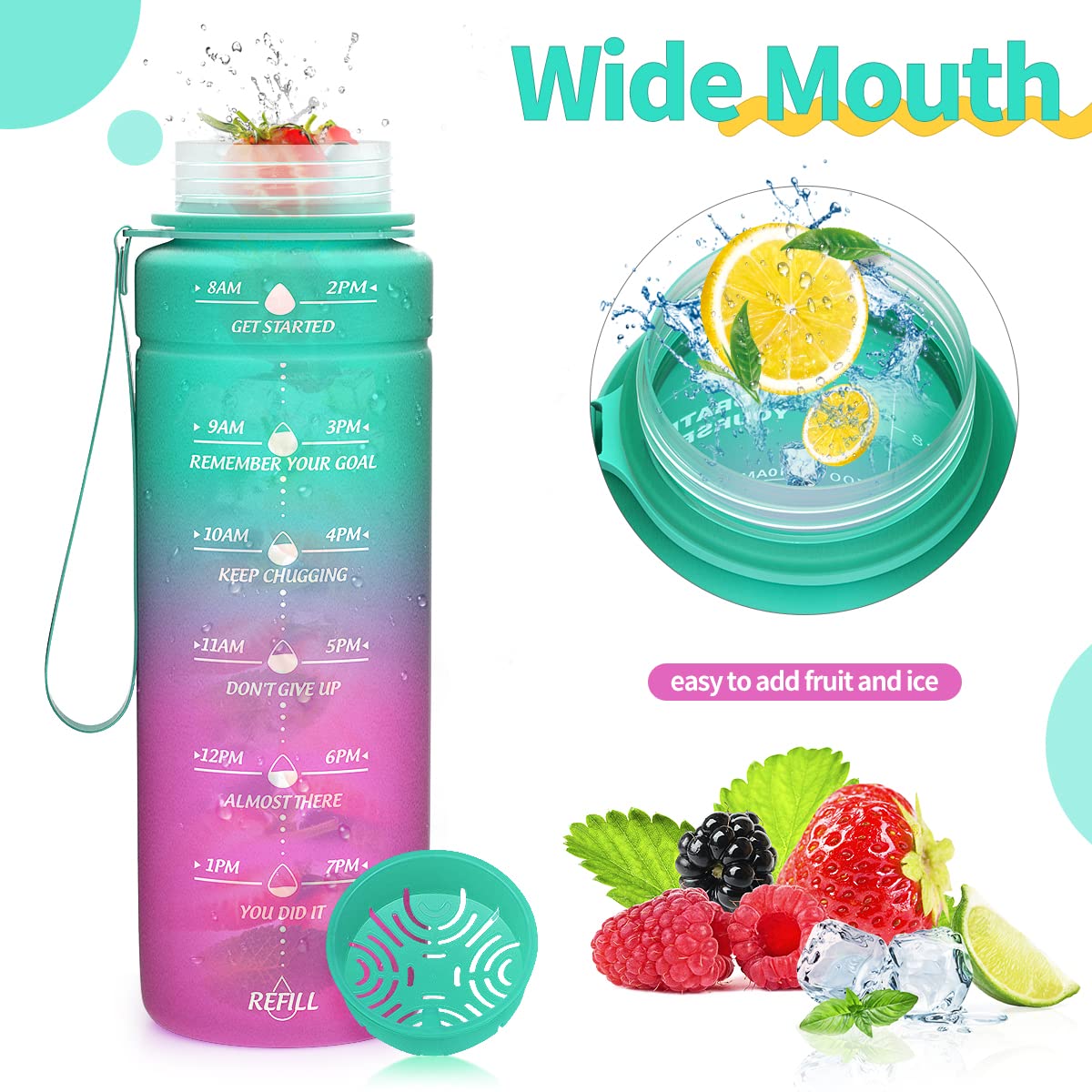 Motivazionale Borraccia 1l/1,5l,2l, Borraccia Bambini 500ml/700ml, Senza BPA Bottiglia con Filtro Frutta & Indicatore del Tempo per Sportiva, Scuola, Sport, Ciclismo