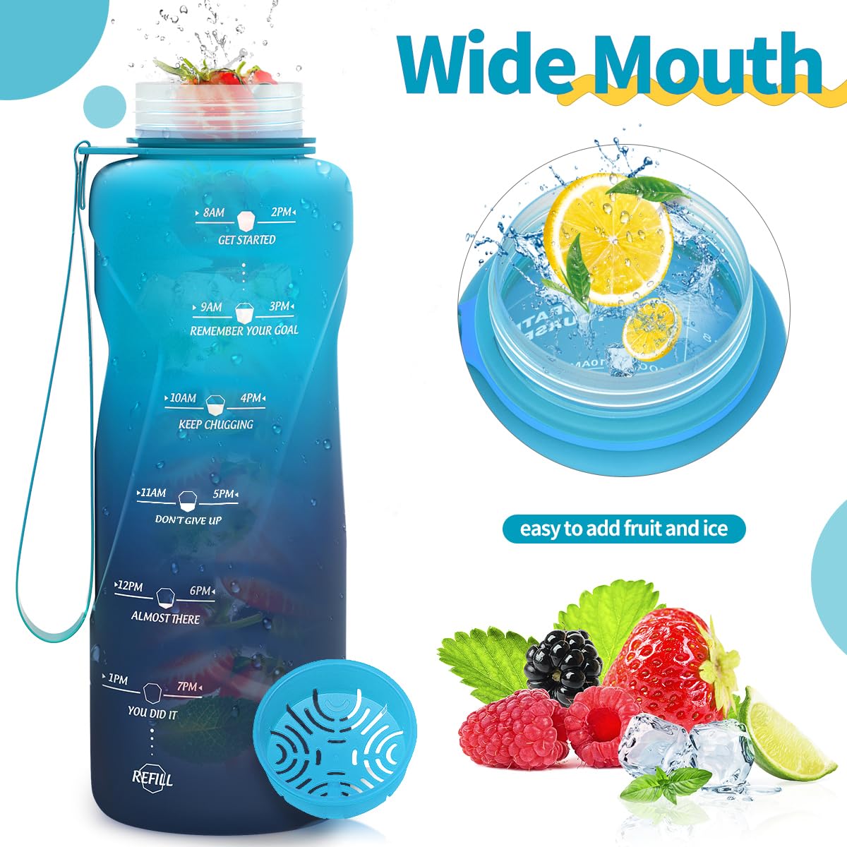Motivazionale Borraccia 1l/1,5l,2l, Borraccia Bambini 500ml/700ml, Senza BPA Bottiglia con Filtro Frutta & Indicatore del Tempo per Sportiva, Scuola, Sport, Ciclismo