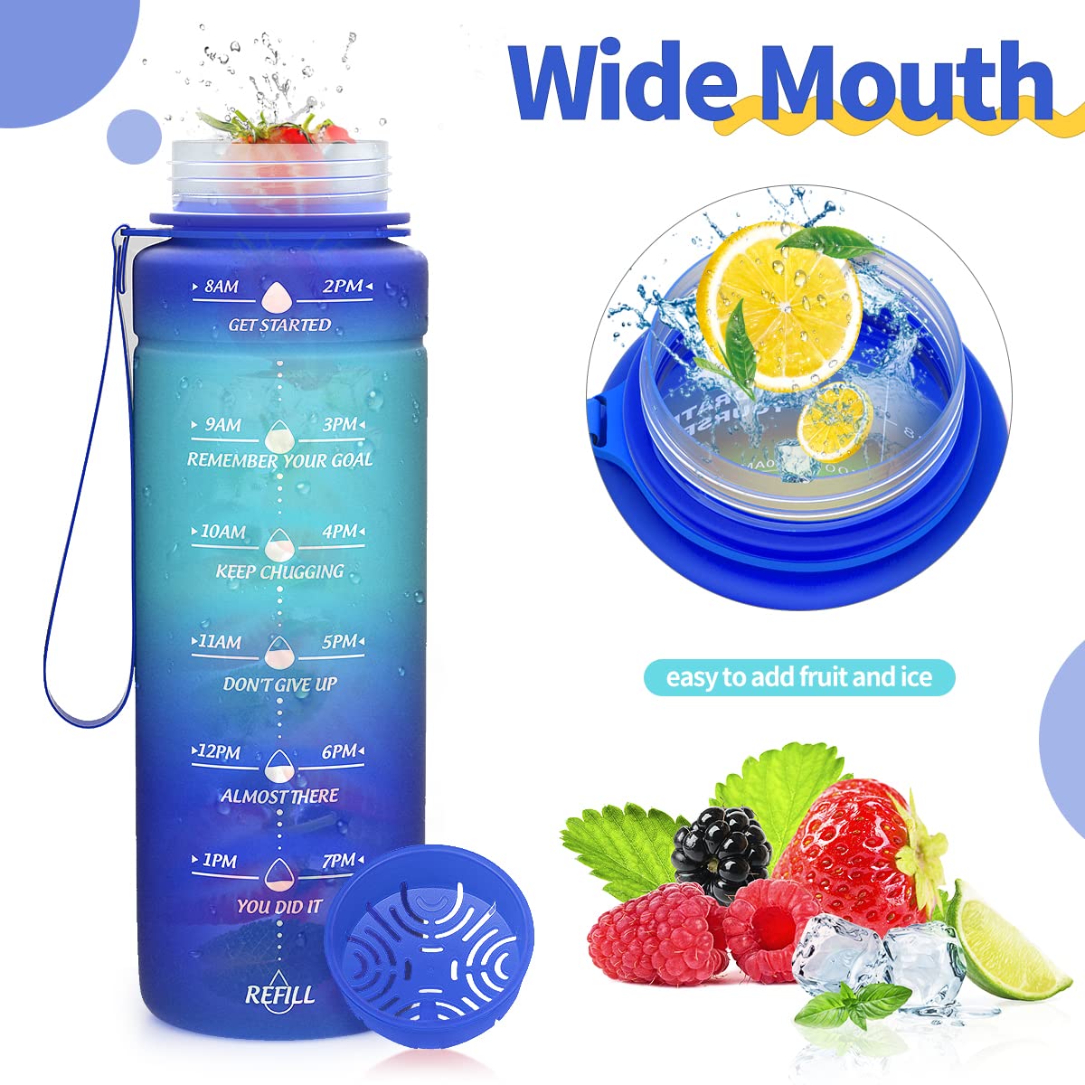 Motivazionale Borraccia 1l/1,5l,2l, Borraccia Bambini 500ml/700ml, Senza BPA Bottiglia con Filtro Frutta & Indicatore del Tempo per Sportiva, Scuola, Sport, Ciclismo