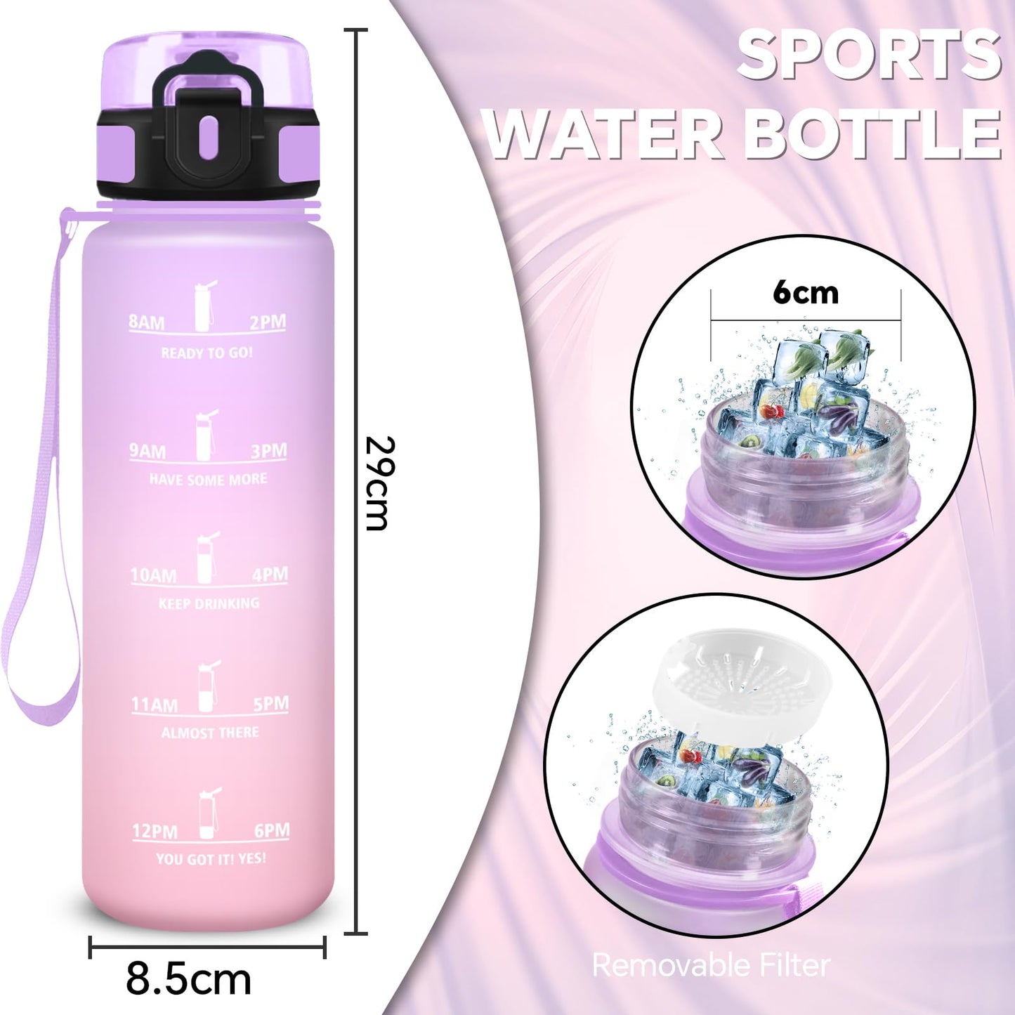 Borraccia, Borraccia 500ml, Borraccie Senza Perdite, Borraccie Motivazionale, Facile da Trasportare, Bottiglia Orari, Bottiglia Graduata, Facile da Pulire, per Sport, Fitness, Yoga, Scuola, Bambina