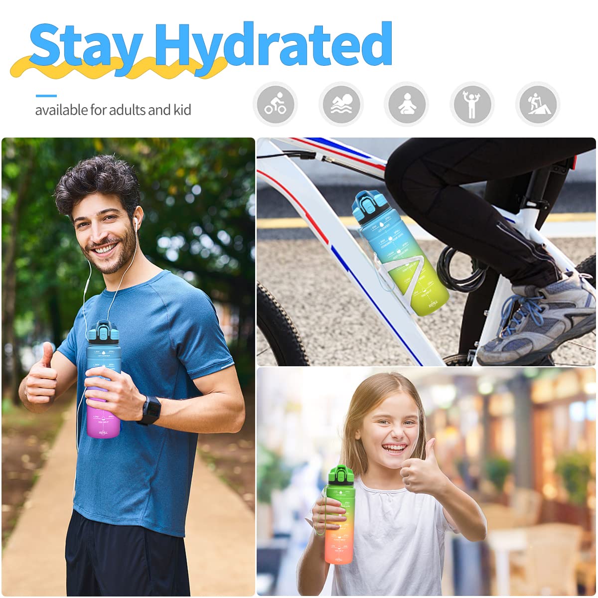 Motivazionale Borraccia 1l/1,5l,2l, Borraccia Bambini 500ml/700ml, Senza BPA Bottiglia con Filtro Frutta & Indicatore del Tempo per Sportiva, Scuola, Sport, Ciclismo