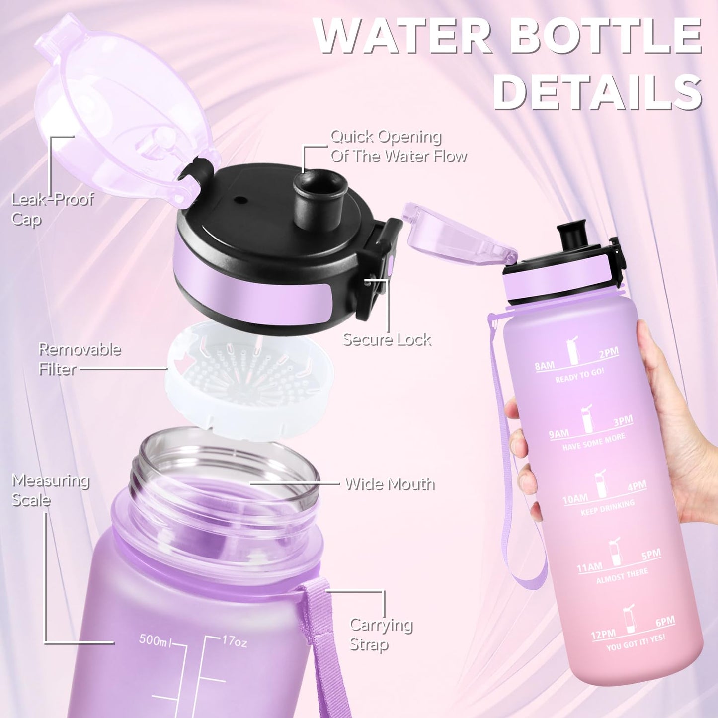 Borraccia, Borraccia 500ml, Borraccie Senza Perdite, Borraccie Motivazionale, Facile da Trasportare, Bottiglia Orari, Bottiglia Graduata, Facile da Pulire, per Sport, Fitness, Yoga, Scuola, Bambina