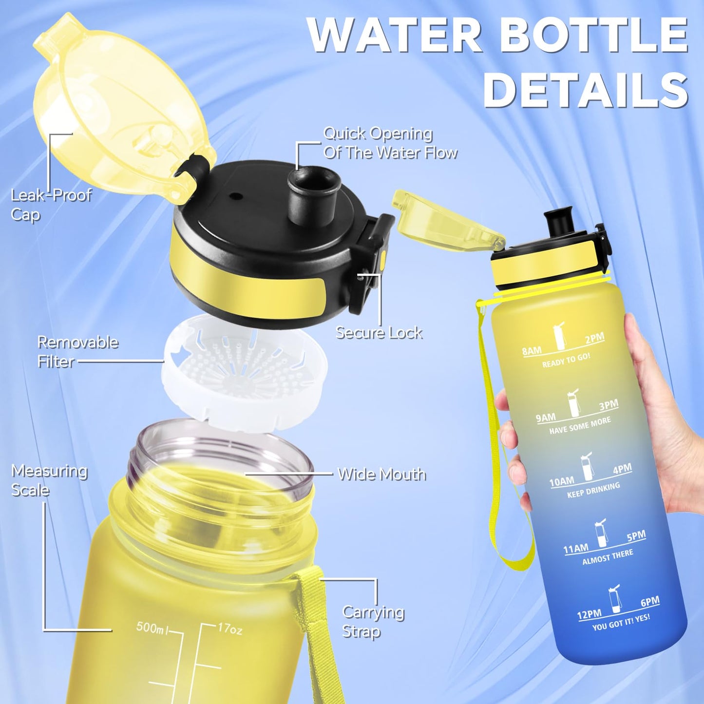 Borraccia, Borraccia 500ml, Borraccie Senza Perdite, Borraccie Motivazionale, Facile da Trasportare, Bottiglia Orari, Bottiglia Graduata, Facile da Pulire, per Sport, Fitness, Yoga, Scuola, Bambina