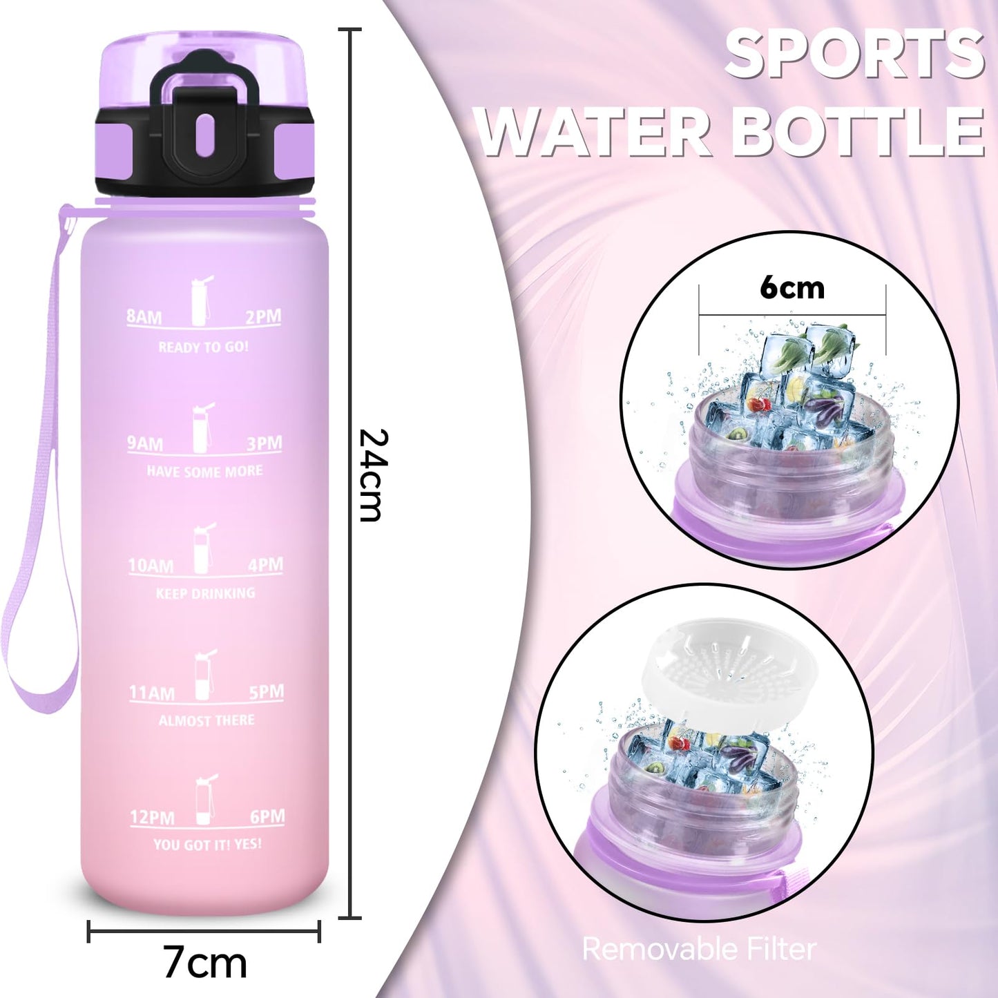 Borraccia, Borraccia 500ml, Borraccie Senza Perdite, Borraccie Motivazionale, Facile da Trasportare, Bottiglia Orari, Bottiglia Graduata, Facile da Pulire, per Sport, Fitness, Yoga, Scuola, Bambina
