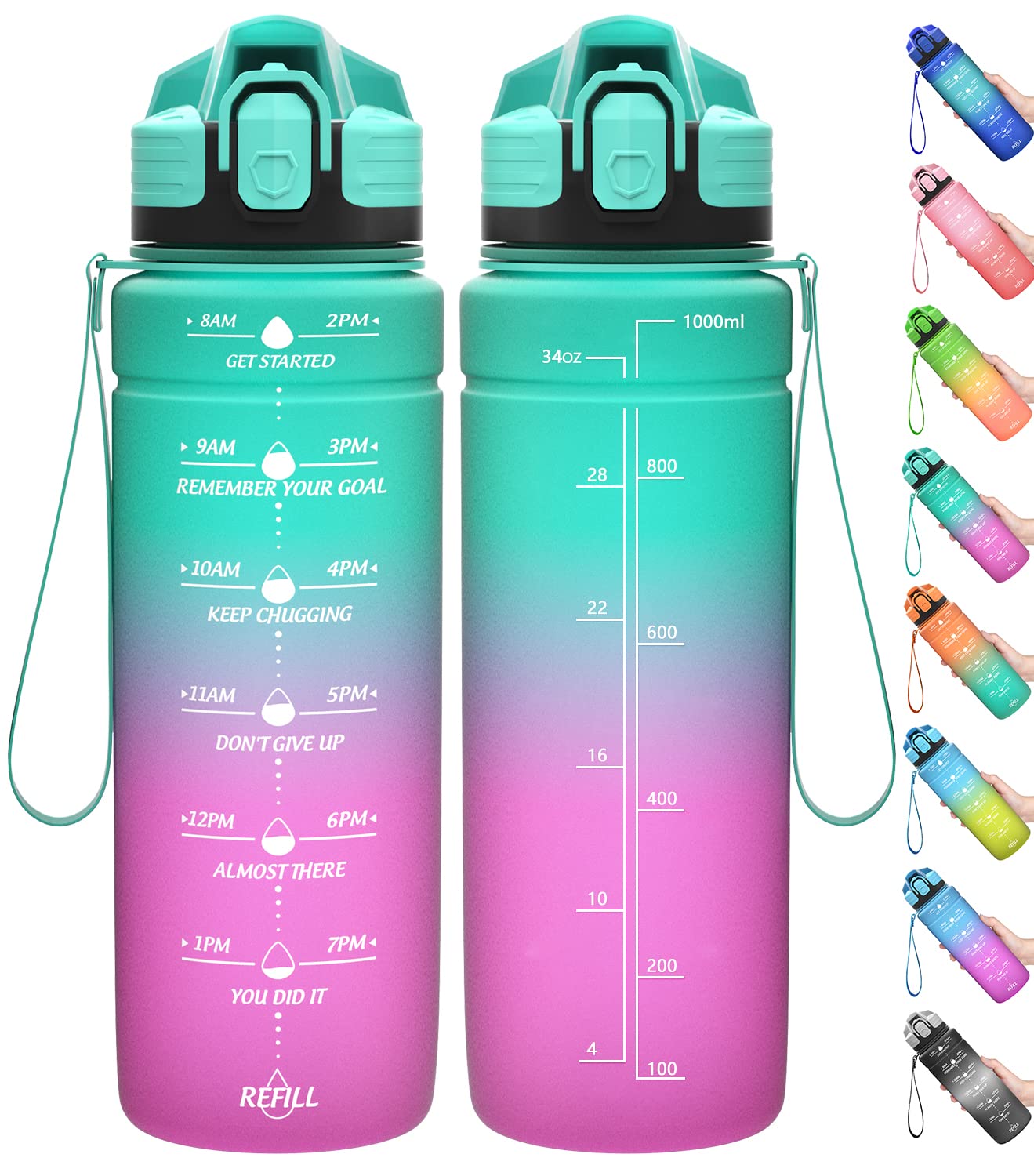 Motivazionale Borraccia 1l/1,5l,2l, Borraccia Bambini 500ml/700ml, Senza BPA Bottiglia con Filtro Frutta & Indicatore del Tempo per Sportiva, Scuola, Sport, Ciclismo