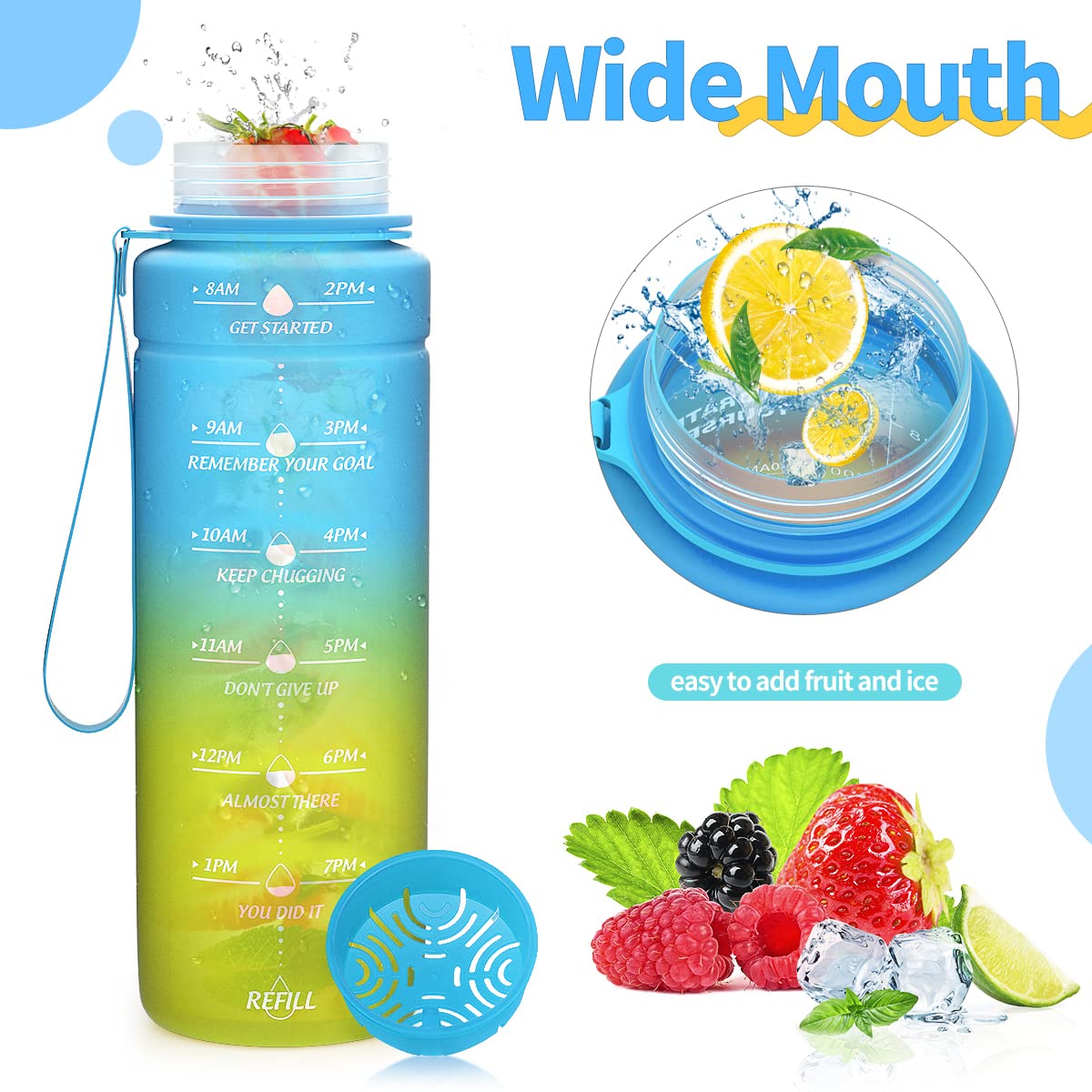 Motivazionale Borraccia 1l/1,5l,2l, Borraccia Bambini 500ml/700ml, Senza BPA Bottiglia con Filtro Frutta & Indicatore del Tempo per Sportiva, Scuola, Sport, Ciclismo