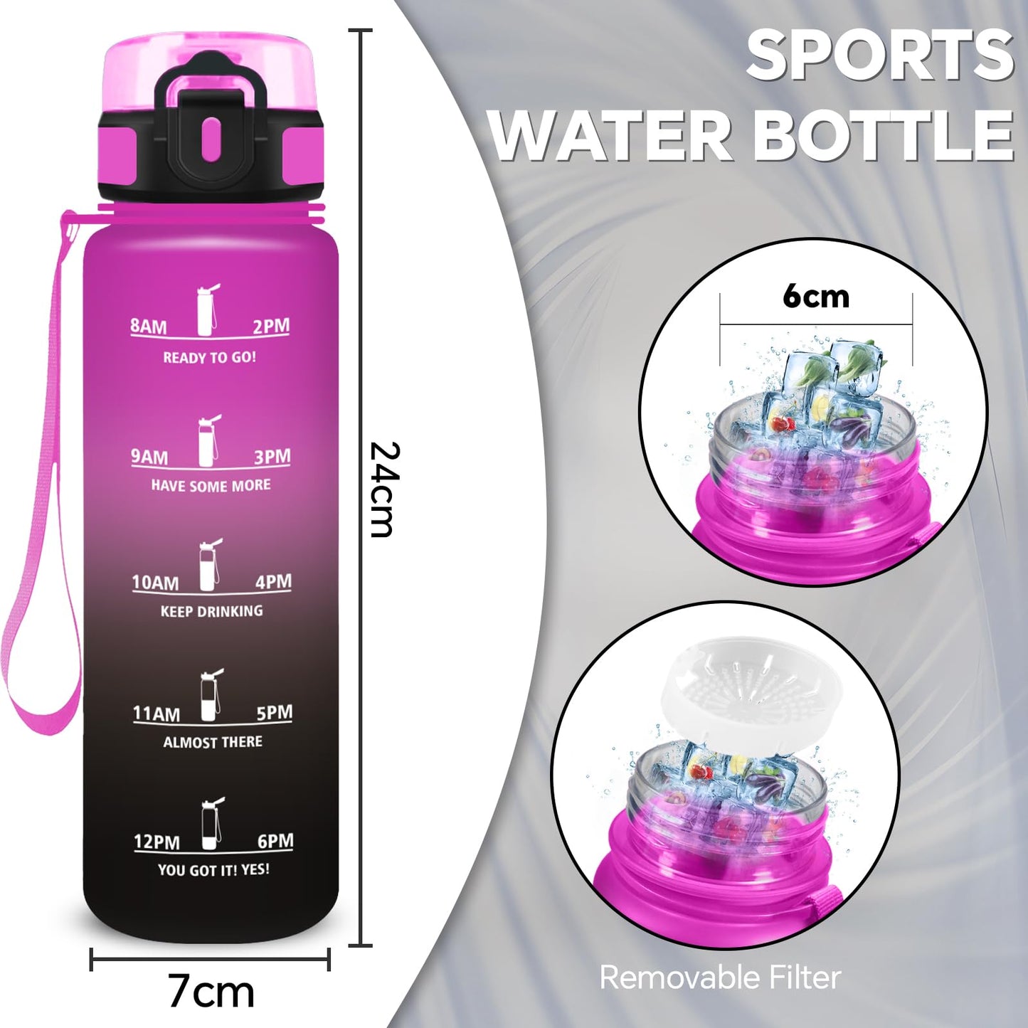 Borraccia, Borraccia 500ml, Borraccie Senza Perdite, Borraccie Motivazionale, Facile da Trasportare, Bottiglia Orari, Bottiglia Graduata, Facile da Pulire, per Sport, Fitness, Yoga, Scuola, Bambina