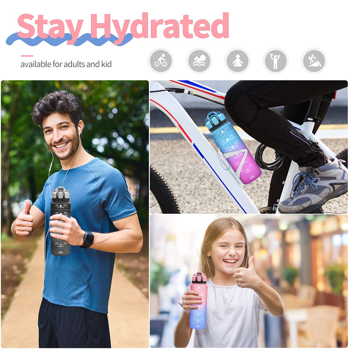 Motivazionale Borraccia 1l/1,5l,2l, Borraccia Bambini 500ml/700ml, Senza BPA Bottiglia con Filtro Frutta & Indicatore del Tempo per Sportiva, Scuola, Sport, Ciclismo