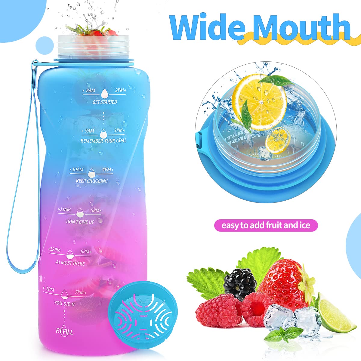Motivazionale Borraccia 1l/1,5l,2l, Borraccia Bambini 500ml/700ml, Senza BPA Bottiglia con Filtro Frutta & Indicatore del Tempo per Sportiva, Scuola, Sport, Ciclismo