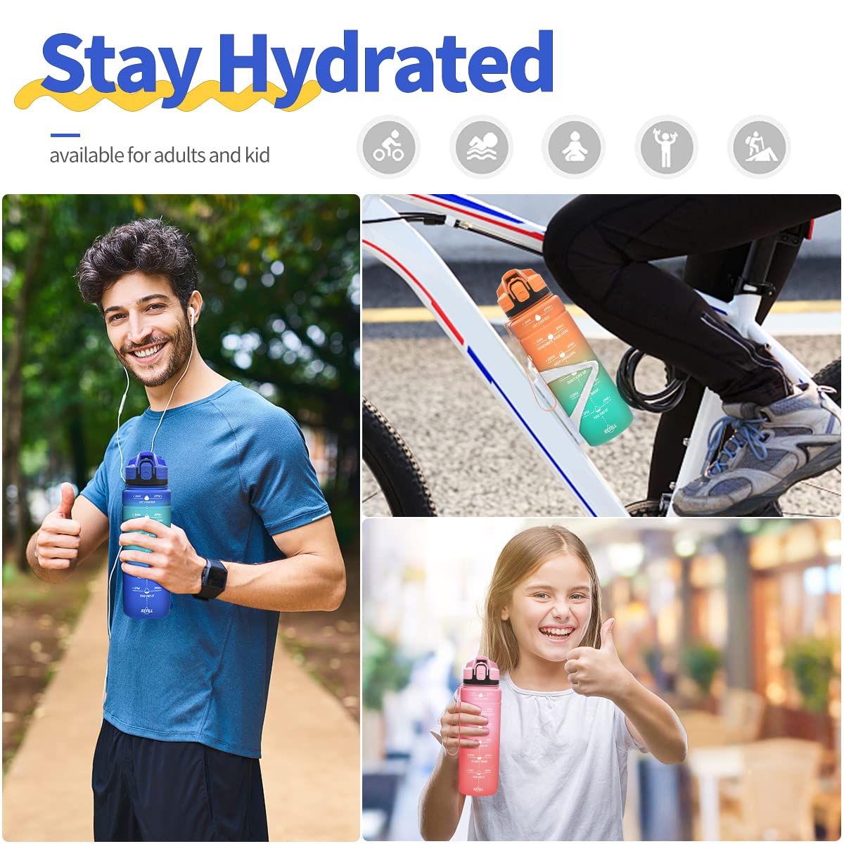 Motivazionale Borraccia 1l/1,5l,2l, Borraccia Bambini 500ml/700ml, Senza BPA Bottiglia con Filtro Frutta & Indicatore del Tempo per Sportiva, Scuola, Sport, Ciclismo