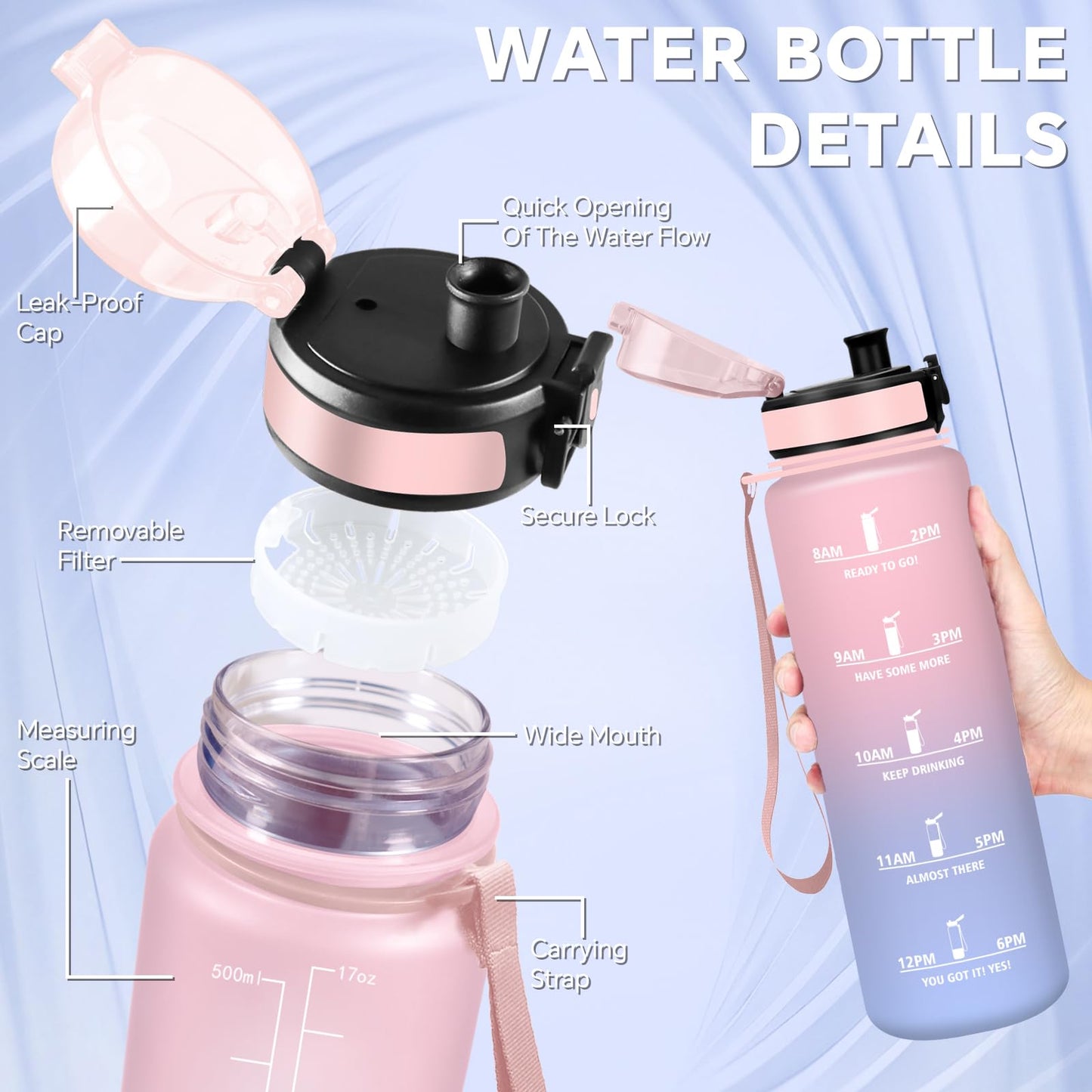 Borraccia, Borraccia 500ml, Borraccie Senza Perdite, Borraccie Motivazionale, Facile da Trasportare, Bottiglia Orari, Bottiglia Graduata, Facile da Pulire, per Sport, Fitness, Yoga, Scuola, Bambina