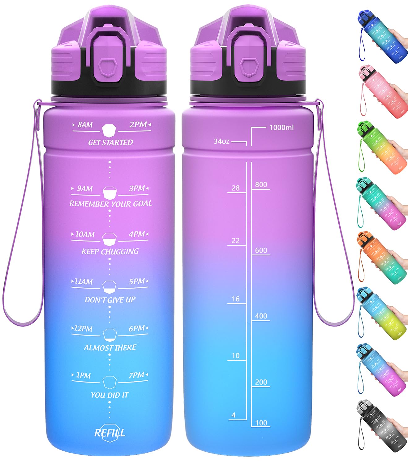 Motivazionale Borraccia 1l/1,5l,2l, Borraccia Bambini 500ml/700ml, Senza BPA Bottiglia con Filtro Frutta & Indicatore del Tempo per Sportiva, Scuola, Sport, Ciclismo