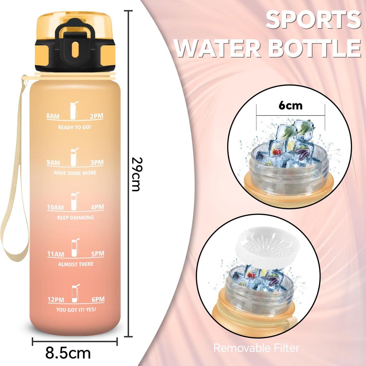 Borraccia, Borraccia 500ml, Borraccie Senza Perdite, Borraccie Motivazionale, Facile da Trasportare, Bottiglia Orari, Bottiglia Graduata, Facile da Pulire, per Sport, Fitness, Yoga, Scuola, Bambina
